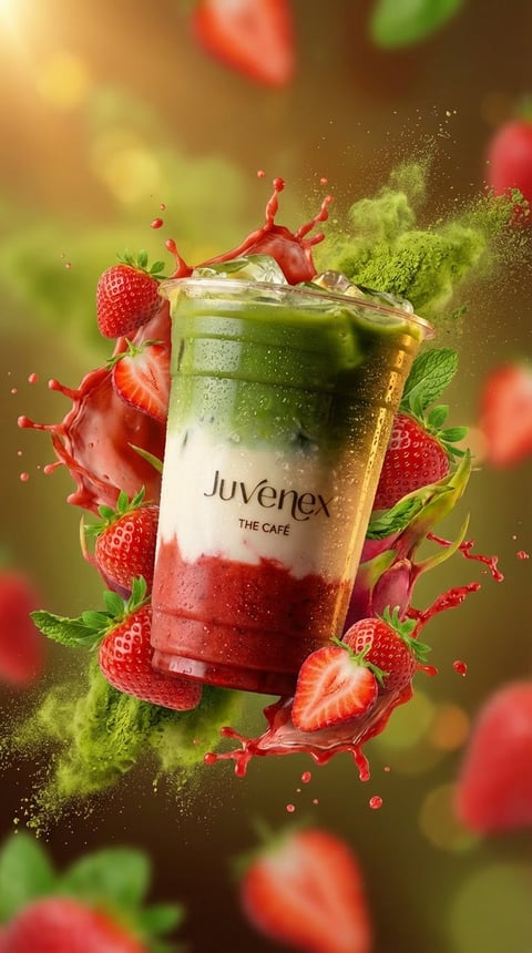 Juvenex cafe beverage with layered red and green drink, surrounded by fresh strawberries and dynamic splash effects
