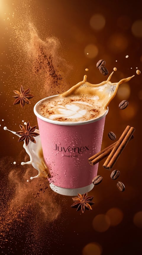 Pink Juvenex coffee cup with splashing latte art, surrounded by cinnamon sticks, star anise, and coffee beans against a warm brown bokeh background