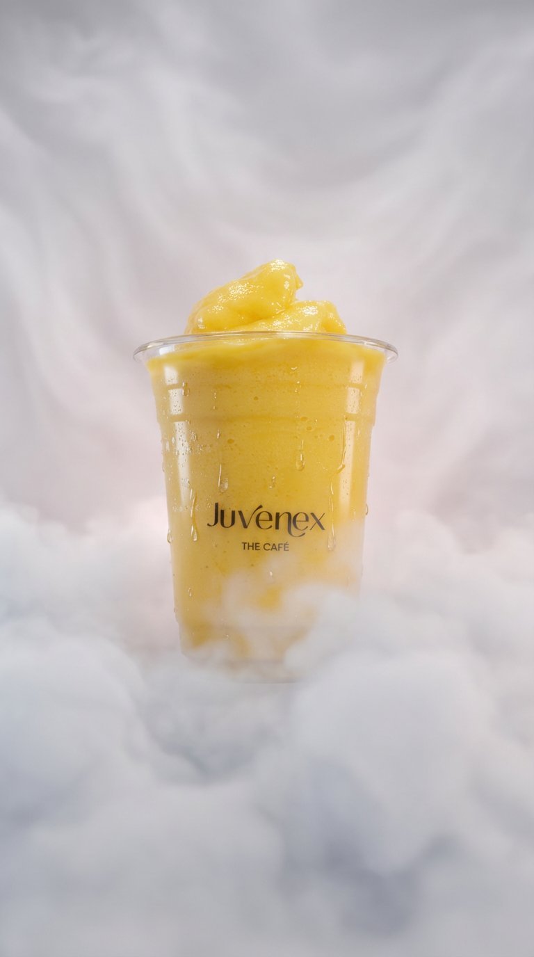 Yellow iced beverage in a Juvenex The Cafe branded cup with whipped cream on top, shot against a white marble background