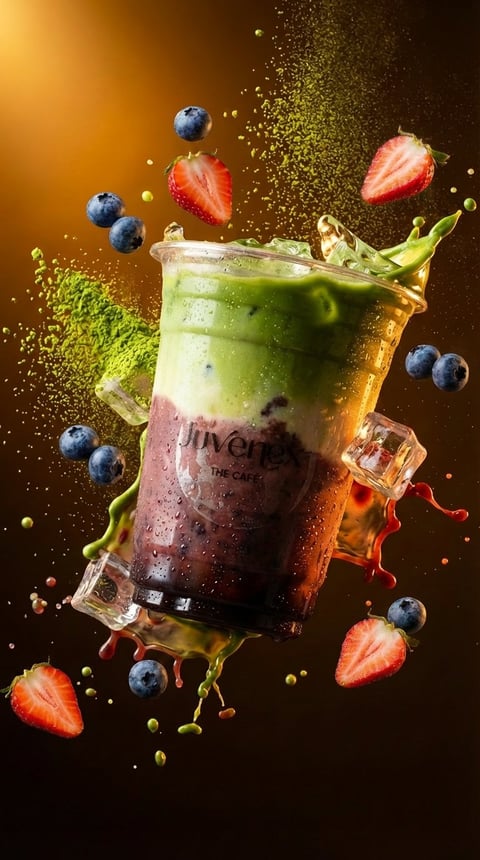 Dynamic beverage shot with layered drink exploding upward surrounded by flying blueberries, strawberries, and liquid splashes against a golden brown background