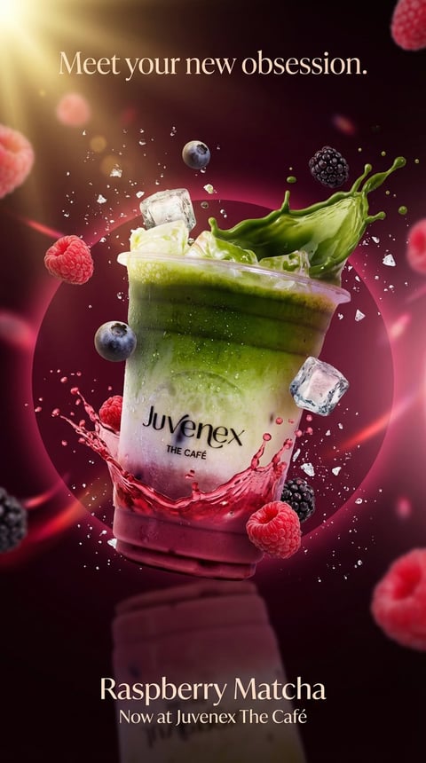 Juvenex Café Raspberry Matcha drink with ice, green matcha layer, pink berry base, surrounded by floating raspberries and berries with dynamic splashes