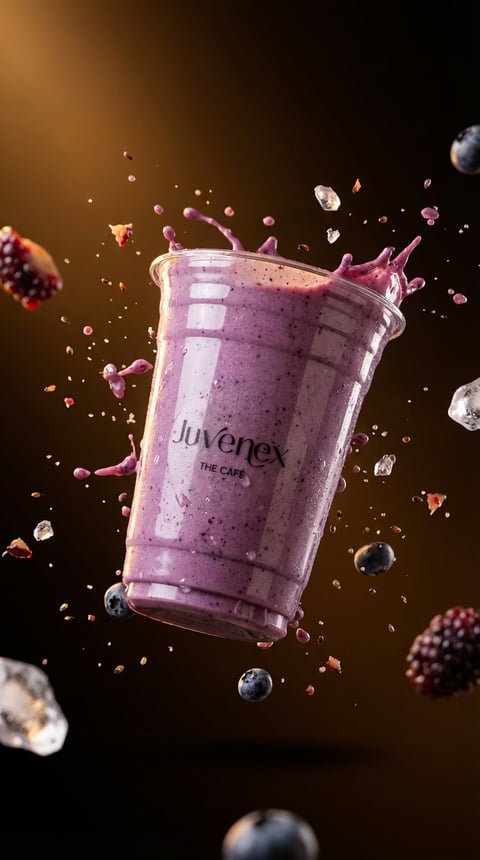 Juvenex purple berry smoothie drink splashing with berries and ice cubes on dark background