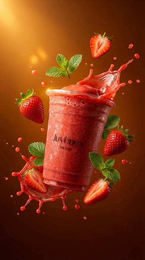 Strawberry smoothie drink with juice splashing, surrounded by fresh strawberries and mint leaves against warm brown background