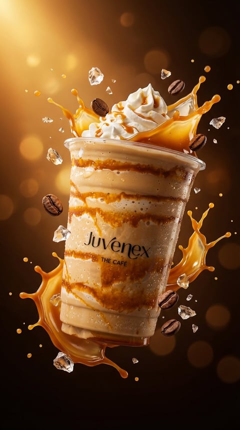 Juvenex coffee drink with whipped cream, caramel drizzle, and dynamic splashes of coffee and caramel on a warm brown background