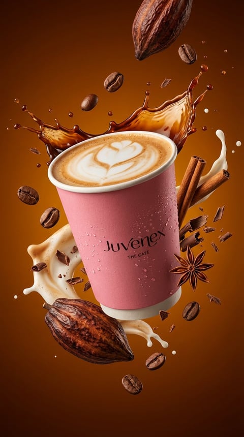 Pink Juvenex coffee cup with latte art surrounded by floating coffee beans, cacao pods, cinnamon sticks, star anise, and splashing coffee on brown background