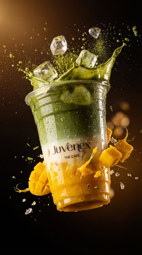 Juvenex cafe beverage glass with green liquid, ice cubes, and yellow fruit splashing dynamically against a dark background
