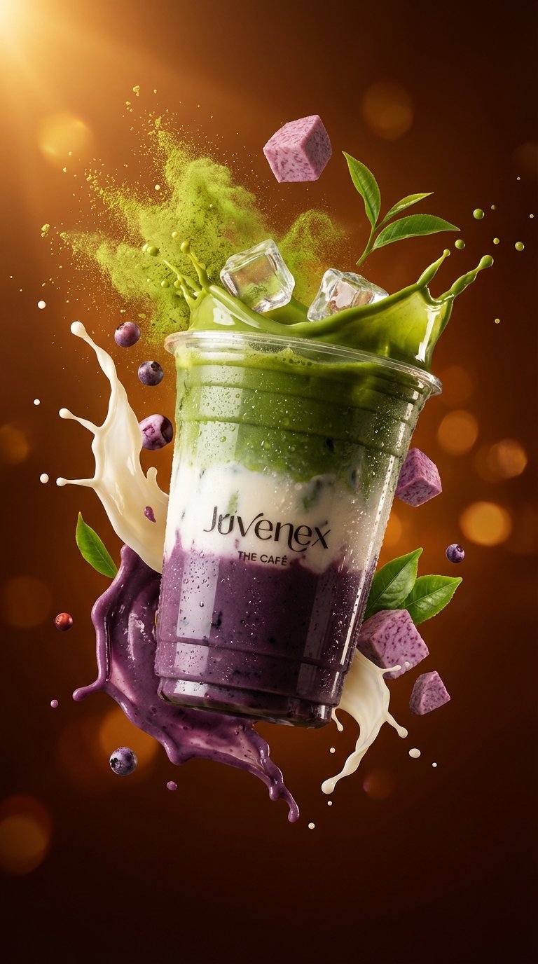 Juvenex skincare product displayed with dynamic splashes of purple and white liquid, surrounded by green powder, berries, and ice cubes on warm golden background