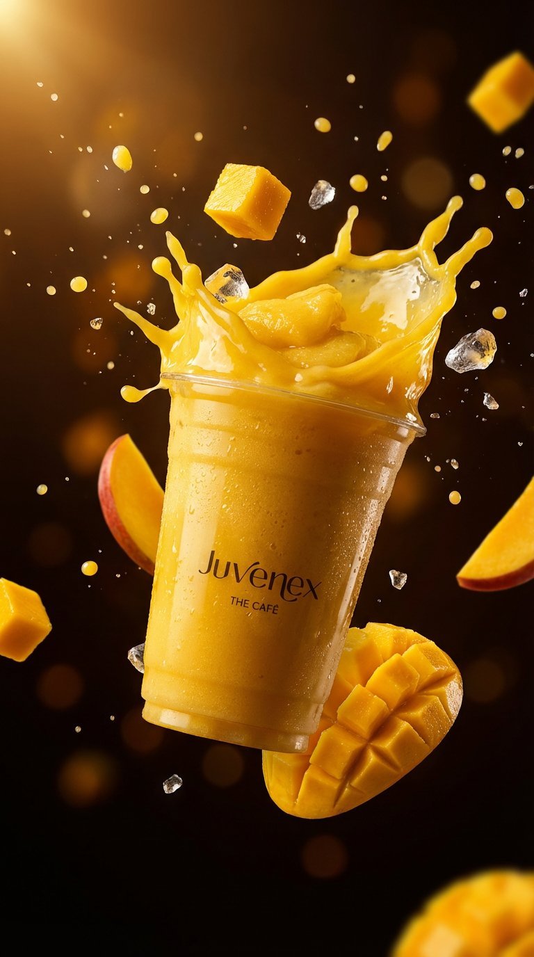 Juvenex cafe yellow mango drink with dynamic splash and ice cubes against dark background with floating mango slices