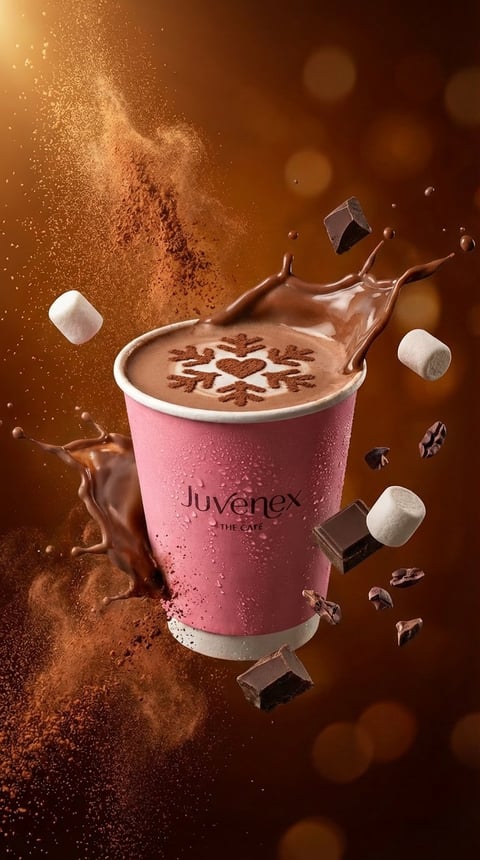Pink Juvenex coffee cup with splashing chocolate, cocoa powder, marshmallows, and chocolate pieces on golden brown background