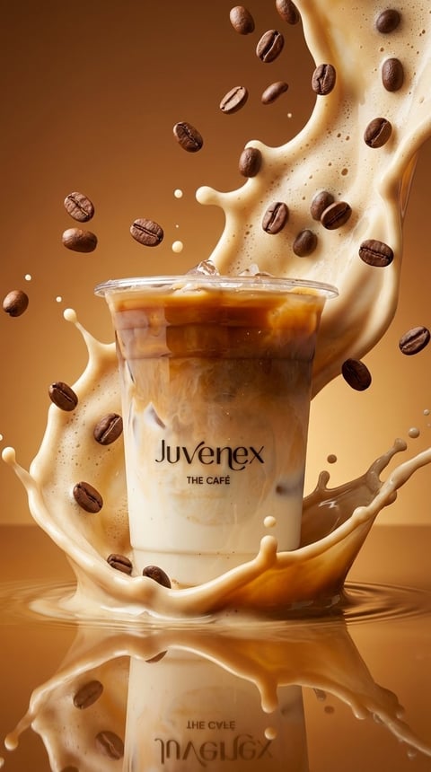 Juvenex iced coffee drink with splashing brown liquid and floating coffee beans against warm brown background