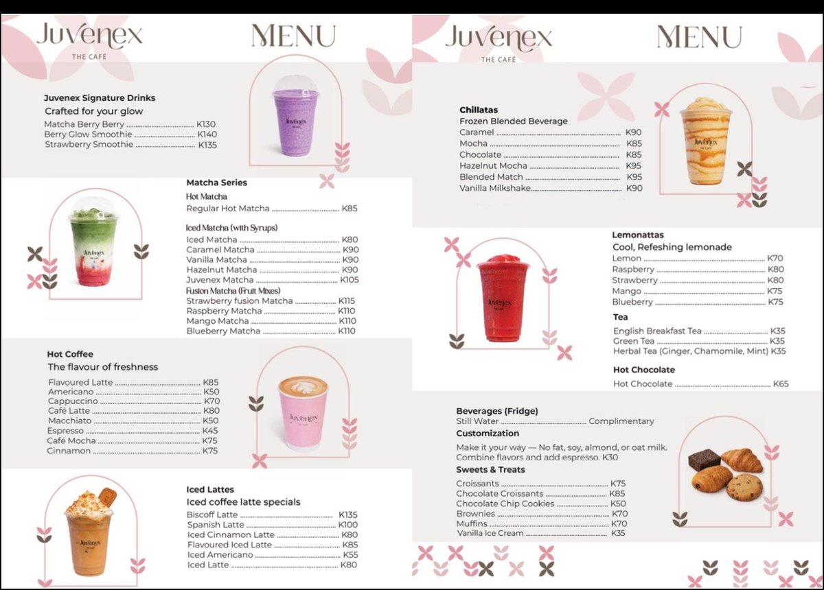 Juvenex cafe menu featuring drinks and pastries with prices, including cold beverages, hot coffee, iced lattes, and baked goods with pink floral decorative elements