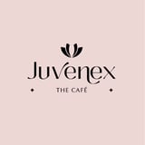 Juvenex The Cafe logo featuring black text with a leaf motif on a light pink background