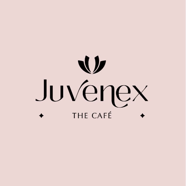 Juvenex The Cafe logo featuring black text with a leaf motif on a light pink background